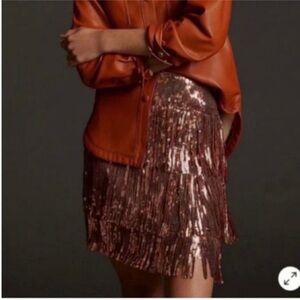 Anthropologie Maeve Rose Gold Sequined Layered Fringe Mini Skirt